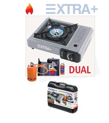 EXTRA+ Cocina Portátil Dual de Gas Butano con Maletín, Kit Completo con 2 Cartuchos B-250