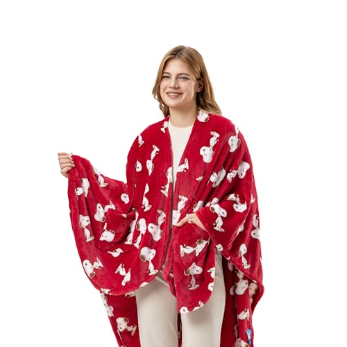 Berkshire Peanuts Wearable Throw Snoopy Print PrimaLush Plush Shawl Blanket Cozy & Stylish Wrap for Lounging Travel or Gifting 58 x 64 Rainbow Riot Snoopys Deep Redwood