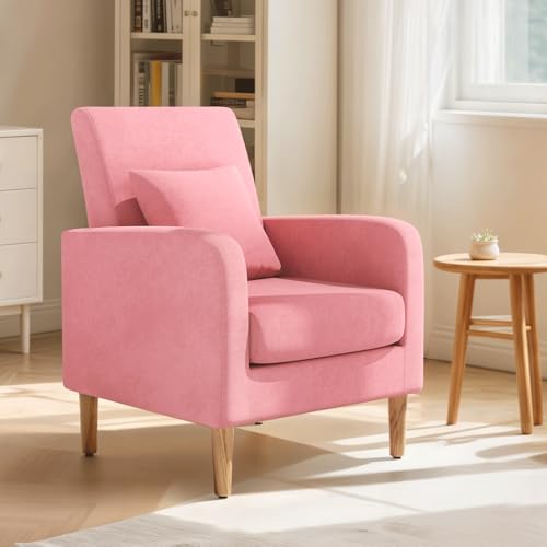 Magshion Mid-Century Accent Chair for Living Room Comfy Reading Chair for Bedroom Upholstered Linen Fabric Armchair Single Sofa with Back Pillow & Wood Legs 300 lbs Capacity Pink