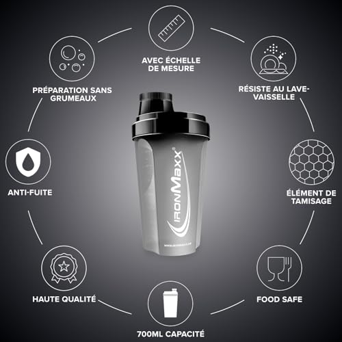 IronMaxx Shaker Protéine Noir Nuit 700 ml – Anti-fuite avec passoire et graduation précise sans BPA accessoire pratique pour la préparation de shakes whey protein isolate et bulk au quotidien – Image 6