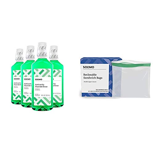 Amazon Brand - Solimo Anticavity Fluoride Rinse, Alcohol Free, Mint, 18 Fluid Ounces (Pack of 4) & Solimo Sandwich Storage Bags, 300 Count