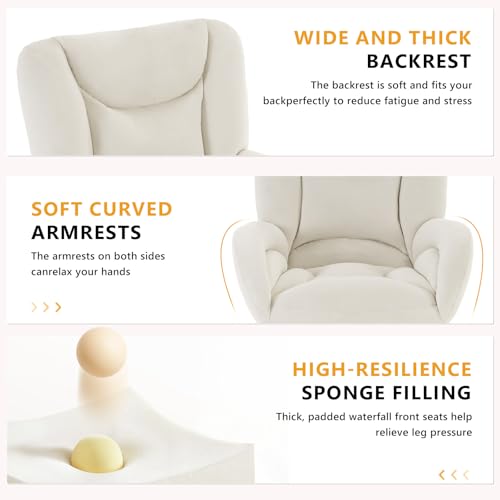 Image of FOXHUNTER Vanity Chair with Ergonomic Back & Wheels, 360 Swivel Accent Chair, Adjustable Height Home Office Chair for Living Room, Bedroom (Velvet, Ivory)