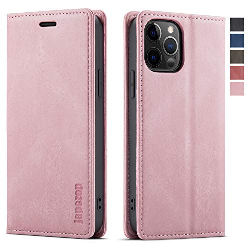 japezop iPhone 12 Pro Max Case, iPhone 12 Pro Max Wallet Case for Women with [RFID Blocking] Credit Card Holder, Leather Flip Book Phone Case Cover for iPhone 12 Pro Max 6.7 Inch (Pink)