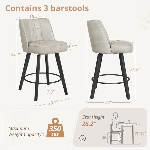 Image of LUE BONA 360-degree Swivel Bar Stools Set of 3, 26 inch Counter Height Bar Stools with High Back and Wood Legs, Morden Faux Leather Upholstered Barstools for Kitchen Counter