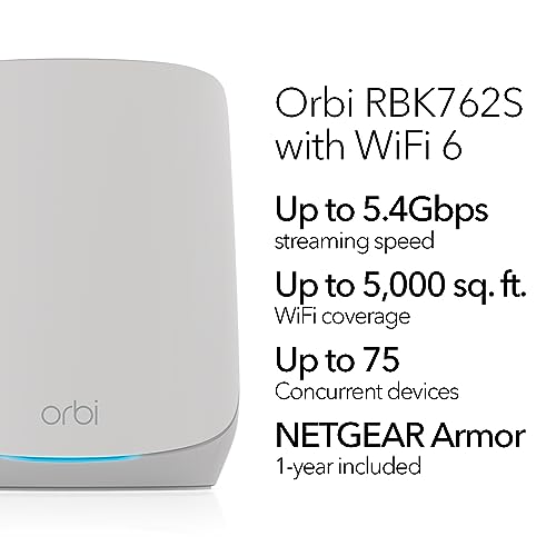 Image of NETGEAR Orbi Whole Home Tri-Band Mesh WiFi 6 System (RBK762S) - Router With 1 Satellite Extender - Coverage up to 5,000 sq. ft, 75 Devices - Free Armor Security - AX5400 802.11ax (up to 5.4Gbps)