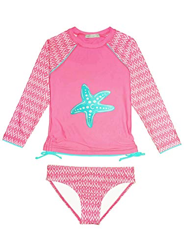 weVSwe Toddler Girls Pink Rash Guard 2 Pieces Swimsuit Set Long Sleeve Starfish Bathing Suits UPF 50+ Protection Aqua Bow-Knot 10