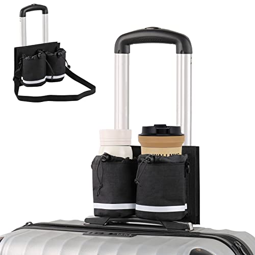 Wonlex Luggage Travel Cup Holder With Shoulder Strap, Free Your Hand With Tightening Drawstring And Zipper Pocket, Drink Holder For Different Size Cup Bottle, Hold 2 Coffee Mugs (Black) #TOP30