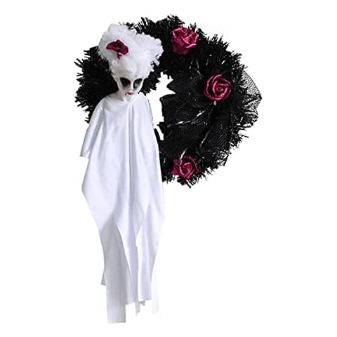 Halloween Skull Wreath Decorations for Front Door, Horror White Witch Ghost Hanging Garland, Black Skull Ghost Gauze Wreath for Garden Ornaments Outdoor Home Halloween Party (White) Cover