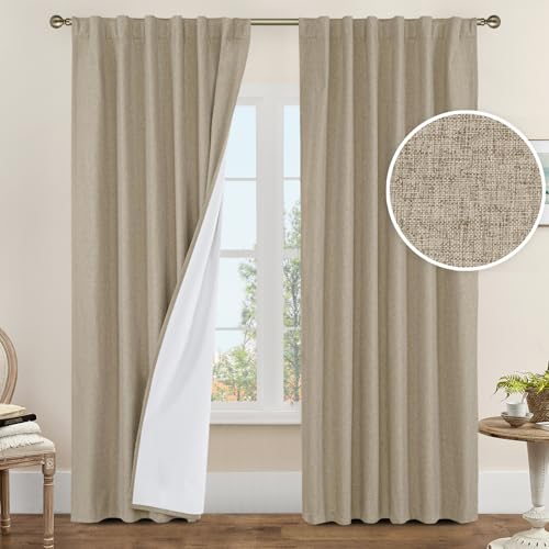Image of LAMIT Taupe 100% Blackout Linen Curtains, 84 Inch Linen Textured Living Room Farmhouse Curtains Room Darkening Back Tab and Rod Pocket Burlap Neutral Panels with White Liner, 2 Panels, 52 x 84 Inch