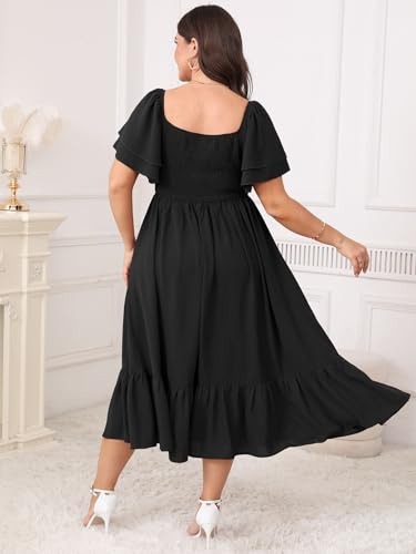 Image of SCOMCHIC Womens Plus Size Wedding Guest Cocktail Dresses Sweetheart Neckline Short Sleeve Smocked Ruffle Slit Maxi Dress