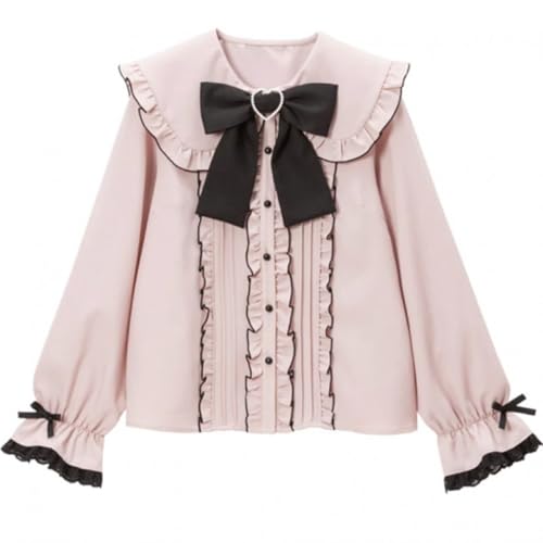 Pokn Jirai Kei Lolita Fashion Cutecore Clothes Kawaii Clothing Blouse Goth Shirt Women Lace Mesh Sheer Long Sleeve Blouse Pink M