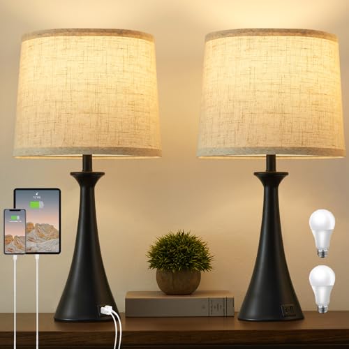 Touch Table Lamp for Living Room Bedroom, 21″ Table Lamps Set of 2 with USB C+A Ports, Touch Bedside Lamps for Nightstand with 3 Way Dimmable, 2 LED Bulbs Included, Black