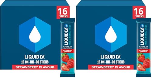Liquid I.V. Hydration Multiplier Electrolyte Powder Mix, Strawberry Flavour, Electrolytes with 7 Vitamins & Minerals for Fast Hydration & Energy, Vegan and Gluten Free 16 Sachet Sticks (Pack of 2) option