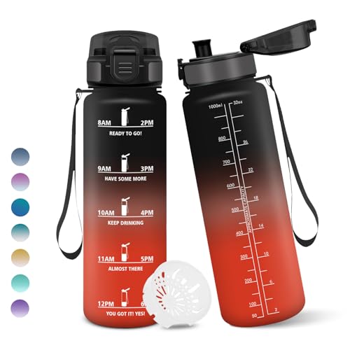 Motswedi Botella Agua, 1 litro Libre de BPA, Botella Agua Gimnasio, Con Marca de Tiempo, Botellas, Diseño de Cerradura a Prueba de Fugas, Botellas Para Niños para Deportes - Negro&Rojo