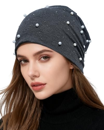 ACECHA Rhinestone and Pearl Beanie for Women - Lightweight Sparkly Slouchy Skull Cap, Fashion Beanies Hats for Spring Fall (US, Alpha, One Size, Dark Grey)