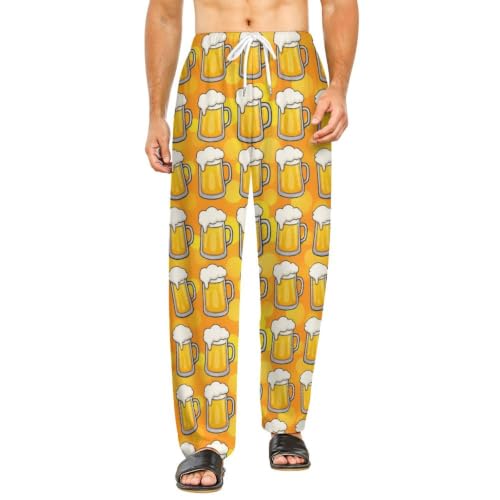 Mens Patterning of Draft Beer Mugs with Foam Lounge Trousers, Skin-Friendly Relaxed Fit PJs for Weekend, Premium Poly Spandex Unisex PJ Bottoms Small