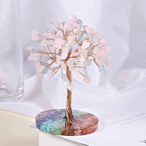 Nupuyai Aquamarine & Rose Quartz Crystal Money Tree with 7 Chakra Base - Image 3