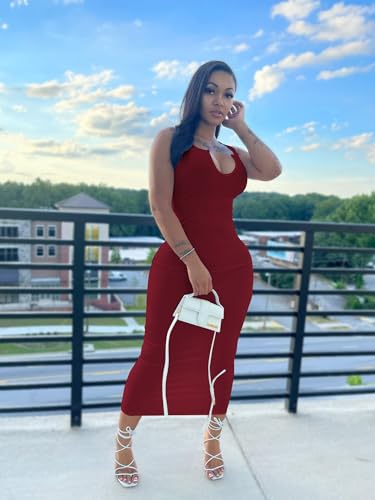 Image of Nimsruc Women Casual Sexy Deep U Neck Tank Top Bodycon Dress Summer Sleeveless Wrap Long Basic Party Club Maxi Dresses