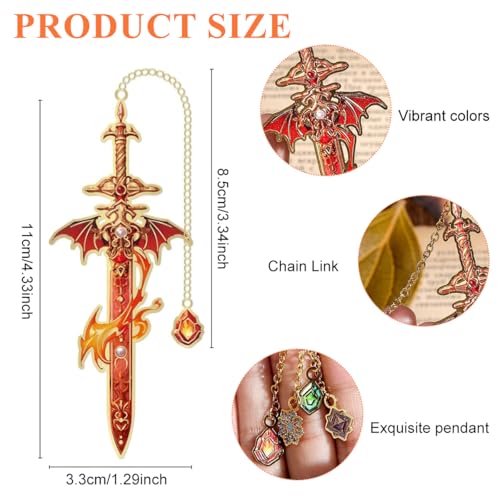 Image of 4Pcs Retro Sword-Shaped Metal Bookmarks, 4 Colors Fantasy Style with Chain Pendant, Cool Reading Accessories & Gift for Students, Men, and Book Lovers
