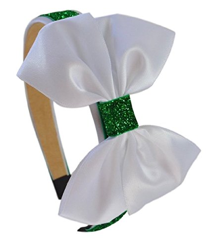 Sparkling Glitter Satin BOW Arch Headband By Funny Girl Designs (Emerald Green and White)