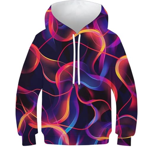 YYVKPMLXC Unisex Sudadera 3D Curva de luz neón Sweatshirt Hoodies con Capucha Manga Larga Pullover con Bolsillos Niño Y Niña Líneas fluidas Coloridas 12-14Y