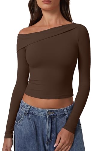 QINSEN Women Long Sleeve Off Shoulder Tops Trendy Double Lined Going Out Shirt for Fall