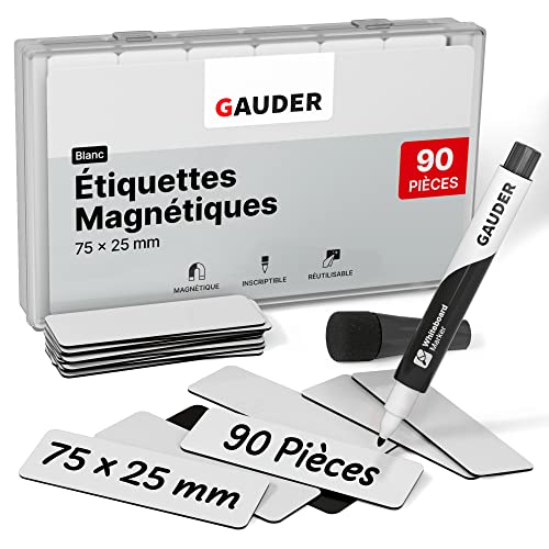 GAUDER Étiquettes Magnétiques Inscriptibles | (75 x 25 mm) Cartes Magnétiques Effaçables | pour Tableaux Kanban et Blanc