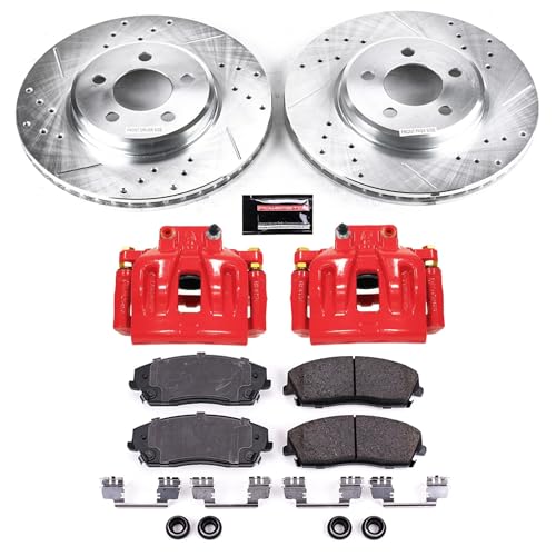 Image of PowerStop Front Brake Kit for Chrysler 300 2012-21 |Dodge Challenger 2012-21 |Charger 2012-21 - Carbon-Fiber Ceramic Brake Pads + Drilled & Slotted Rotors + Red Powder Coated Calipers, KC1714A