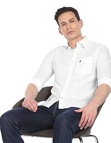 Image of U.S. Polo ASSN. Men's Solid Cotton Linen Tailored Fit Spread Collar Casual Shirt