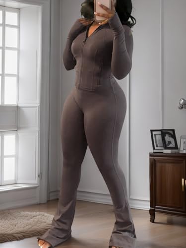 XZLUFNY Casual Workout Two Piece Outfits for Women Long Sleeve Tops Flare Pants Matching Sets2