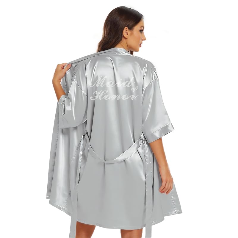 Image of Women's Bride Bridesmaid Robes Short Satin One Size Silver Rhinestones Wedding Party Getting Ready Sleepwear