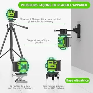 Niveau Laser Chantier Autonivelant 360° x 4, Lazer Niveaux 4D 16 Lignes Laser, Autonivellement et Mode Pulsé Extérieur, 2 x Batterie, Nivellement Automatique, Support Rotatif, Télécommande