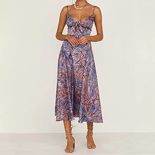 Image of Fashionme Women Spaghetti Strap Midi Satin Dresses Tie Front Backless Slit Cutout Dress Semi-Formal /Casual Flowy Lightweight