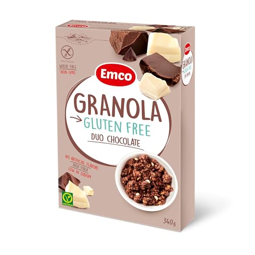 Emco - Granola Doble Chocolate Sin Gluten - 340 g - Alto Contenido en Fibra - Mejora la Salud Intestinal - Ideal para el Desayuno - Apto para Veganos