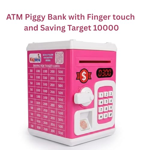 Image of ATM Piggy Bank for Kids Boys and Girls | Money Box with ₹10,000 Saving Target | Money Bank with Lock Touch Sensor | Auto Scroll Cash Gullak for Kids | Piggy Bank for Girls & Boys (Pink)