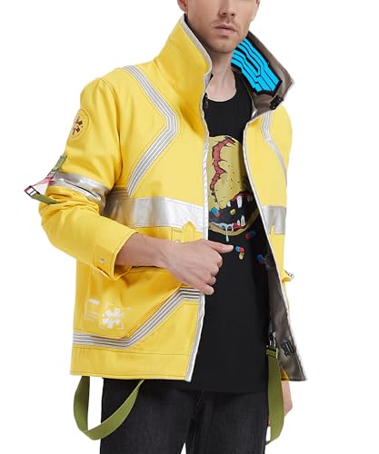 saounisi Mens David Martinez Jacket Graphic Warm Quilted Lined Parka Game Costume Cosplay Windbreaker Jacket with Bright Stand Collar (Large, Yellow)