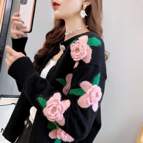 Image of FindThy Women's Kawaii 3D Floral Cardigan Long Sleeve Crewneck Knit Cardigan Sweaters