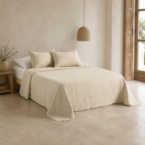 GAMUSI Colcha Cama 180 cm Ligera Entretiempo Primavera Verano Acolchada, 270x270 cm, Color Beige