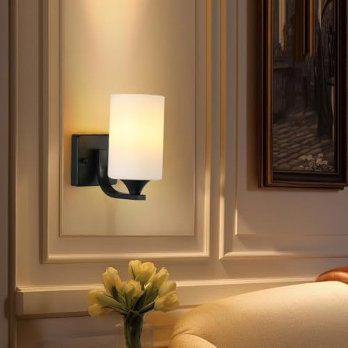 Aplique de pared cilíndrico de hierro negro con pantalla de vidrio esmerilado para dormitorio 3