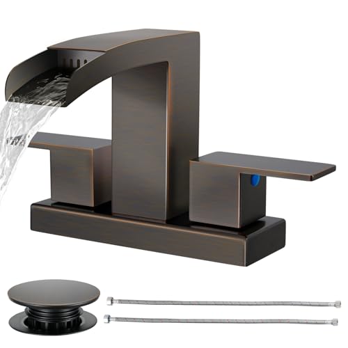 Cobbe Waterfall Bathroom Faucets 3 Hole Oil Rubbed Bronze Bathroom Sink Faucet Square 4 Inch Centerset with Pop-Up Drain 2 Handle and 2 Supply Hoses Lead-Free Stainless Steel for Vanity Sink Rv
