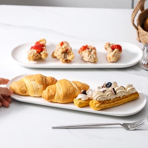 UIBFCWN Servierplatte Oval 2er, 34cm Tiefer Teller Porzellan, Große Speiseteller Keramik für Party, Fleisch, Vorspeisen, Dessert, Snack, Weiß