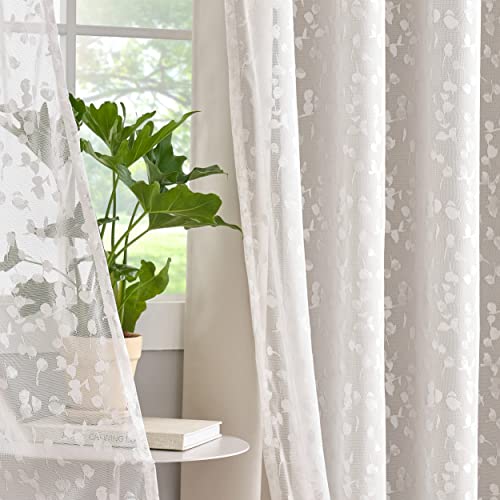 Image of Mix Matched Beige Full Blackout & Sheer Leaf Lace Curtains 52 inchWx63L 4Panels | White Lace Sheer Leaf & Beige Blackout Combo Set, 2 Blackout+2 Sheer Panels, 4-Piece Set, Mix and Match Style Grommet Top