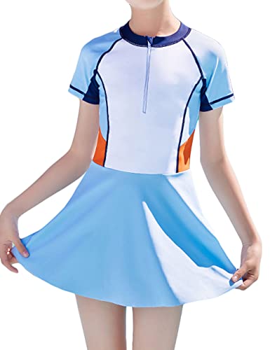 JadeRich Mädchen Einteiler Rock Rashguard Badeanzug Reißverschluss vorne Kurzarm Sport Badekleid mit integrierten Shorts, blau, 5-6 Jahre Cover