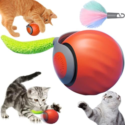 Poxtedsr Balle de Jouets interactifs pour Chats d'intérieur, Jouet Interactif pour Chien et Chat, Balle Roulante Automatiqu avec Queue Duveteuse (Orange)