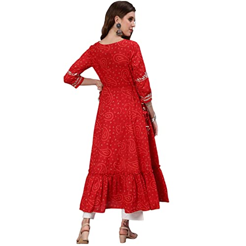 Image of ishin Women's Cotton Red Yoke Design Embroidered Anarkali Tiered Kurta