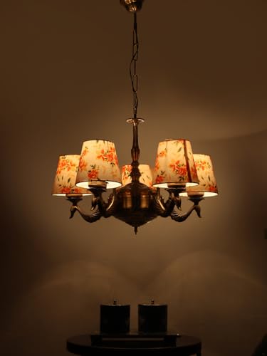 Image of Devansh 05-Light Printed Conical Multicolor Cotton Shade Chandelier - Antique Golden Finish | Adjustable Cord | Warm Glow Lamp - Ceiling Light for Living Room, Dining Area, BedroomDecor - D1