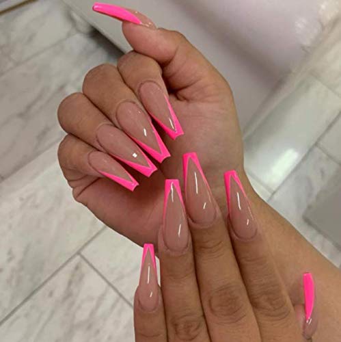 Aksod Glossy Gradient Pink Press on Nails Long Coffin Fake Nails V-Shape French Nails Tips Geometric Ballerina Full Cover Acrylic False Nails for Women and Girls (Red)
