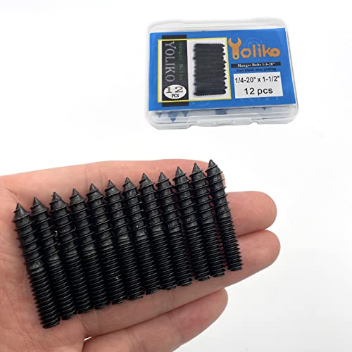 Image of 12 Pack 1 /4-20 x 1-1 /2 Inch Black Hanger Bolts 1 /4-20 inch Double Headed Bolts 1 /4 Wood Dowel Screw Self-Tapping Screw Hanger Bolts for Furniture Screws Double Screw Threaded Rods Bolt 37mm Length