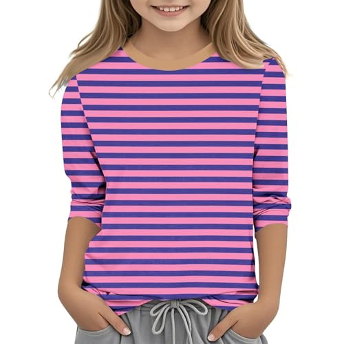 Girls Striped Print 3/4 Sleeve Shirts Summer Trendy Casual Tshirts Loose Fit Lightweight Crewneck Tee Soft Comfy Tops