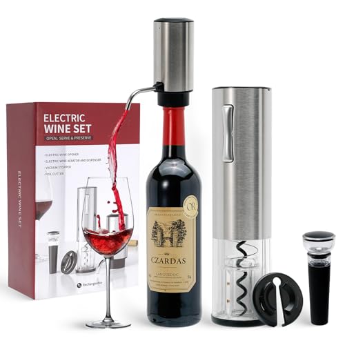 Electric Wine Opener, Automatic Electric Wine Bottle Corkscrew Opener Rechargeable with Foil Cutter, Automatic Aerator, 1 Vacuum Stoppers for Home Bar Parties Wedding Gifts (Stainless Steel)